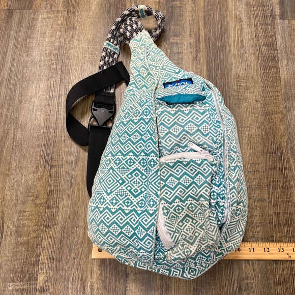 KAVU Sling Bag Teal White Geometric Pattern Rope Strap Crossbody Bag - Picture 11 of 15